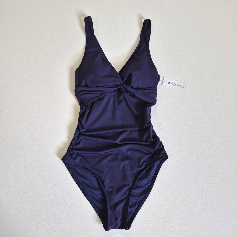 Holipick Navy Blue V Neck Ruched Tummy Control One Piece Swimsuit XS